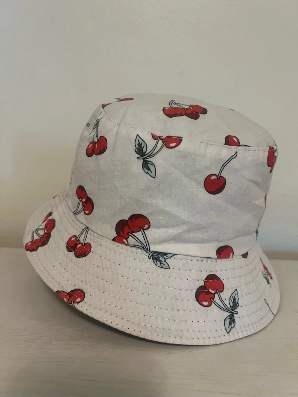 Girls' Cherry Print Bucket Hat - White with Red Cherries